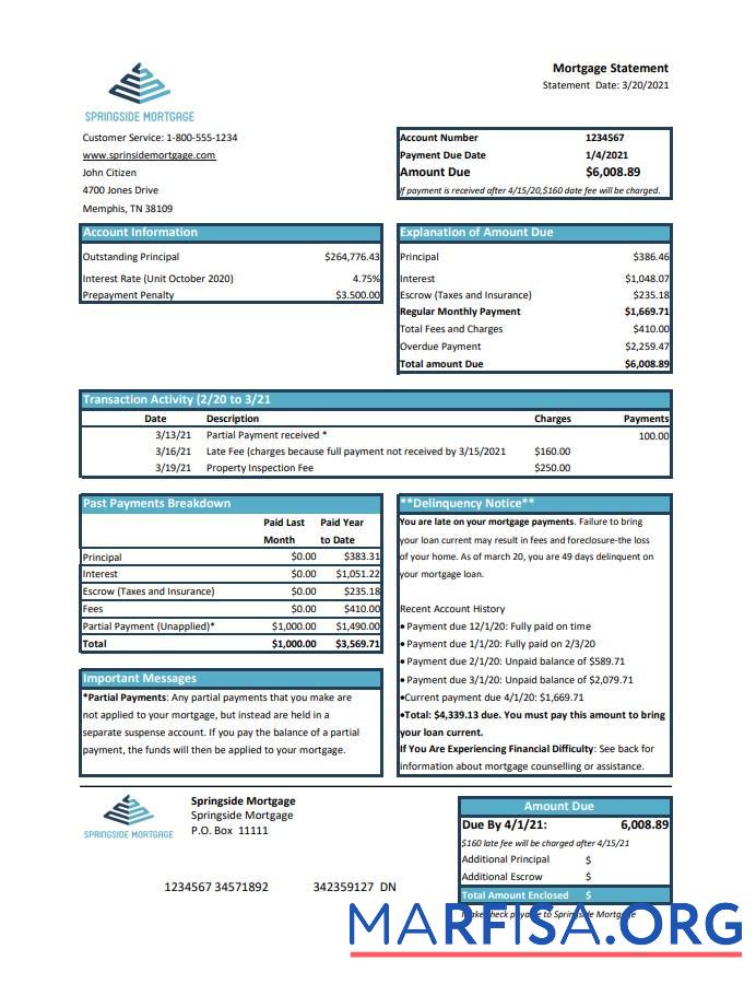 Printable USA Springside Mortgage bank statement excel sample